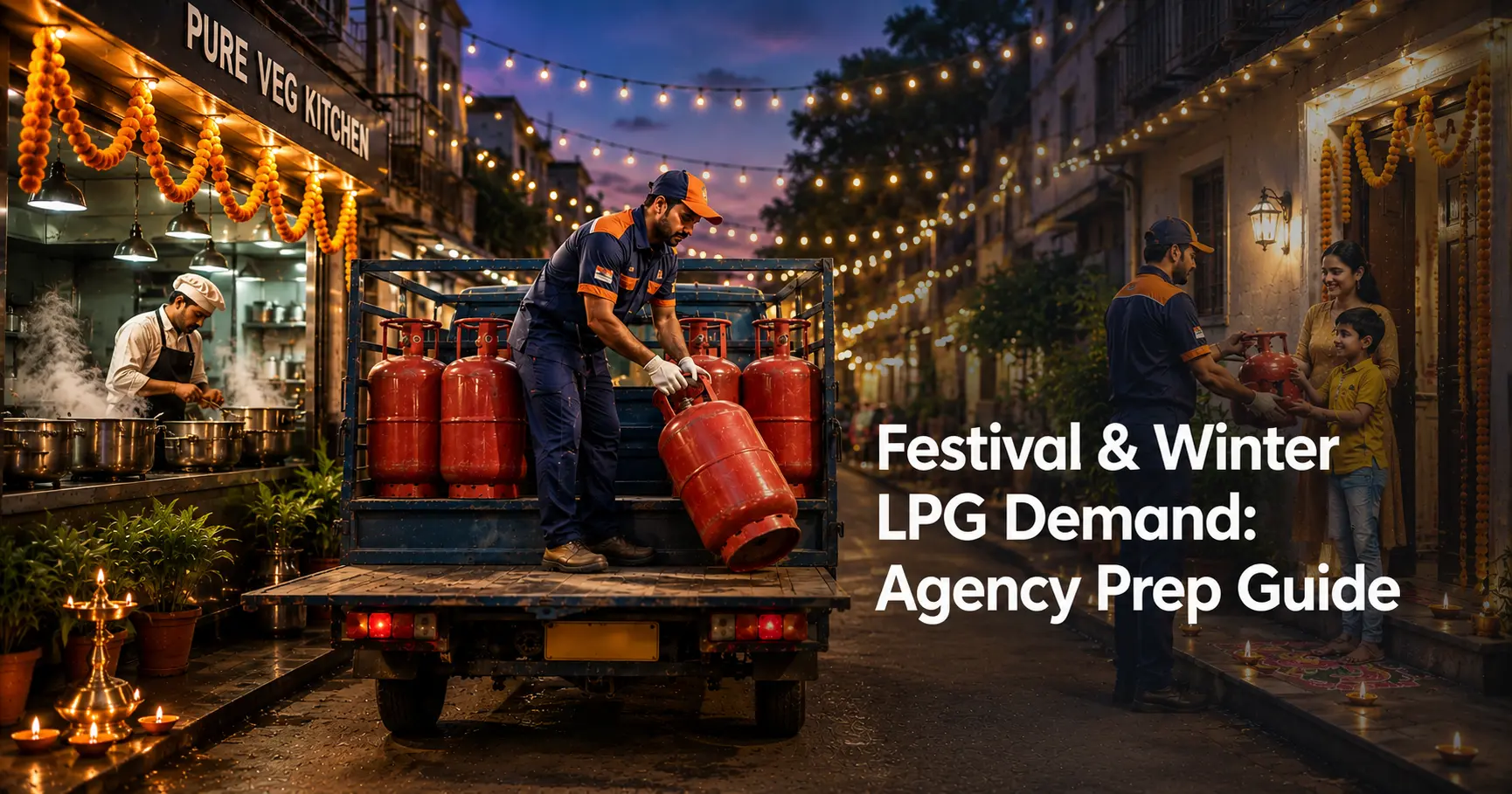 LPG delivery worker loading cylinders during festival season with commercial and domestic LPG demand